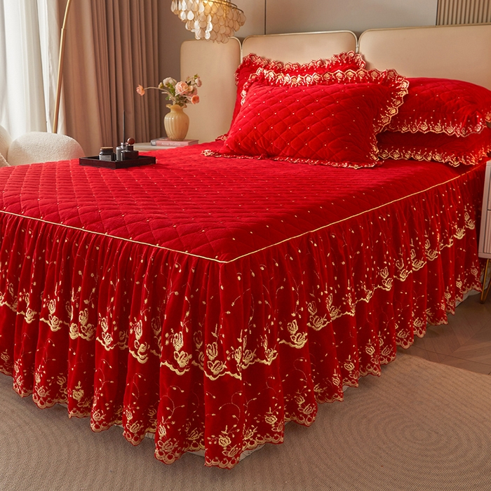 91家纺网 家纺一手货源 找家纺 罗艺轩 2024新款加厚宝宝绒夹棉床裙四件套-梦幻星辰 喜庆红