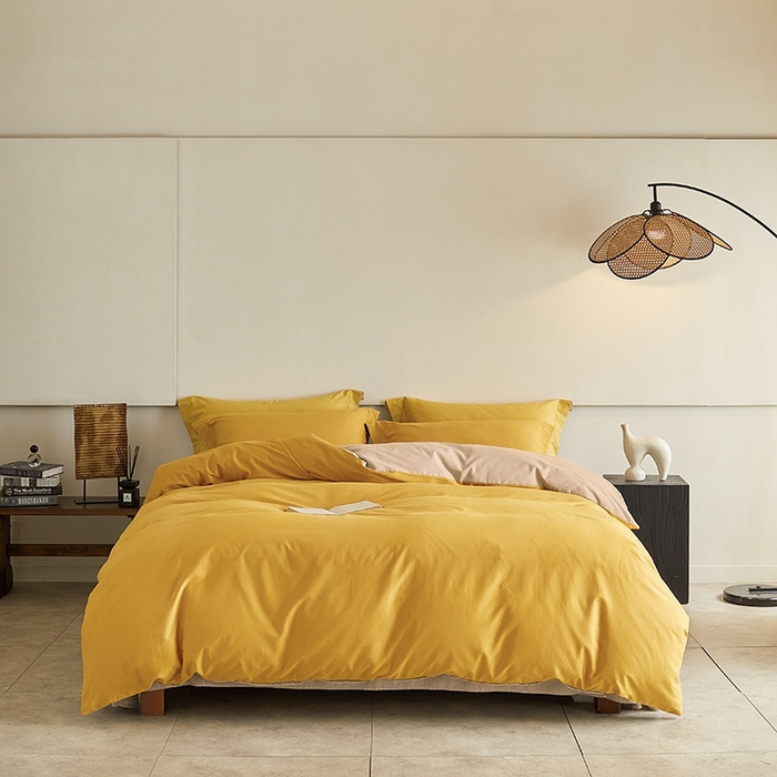 91家纺网 家纺一手货源 找家纺 秀色家纺 2025新款秋冬加厚保暖床上纯色四件套纯棉磨毛全棉床单被套三件套50支-瑞妮 瑞妮-落日黄+奶油