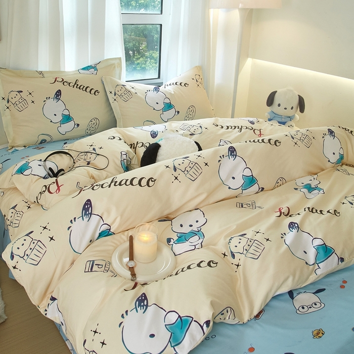 91家纺网 家纺一手货源 找家纺 蘭菲家纺 2024新款全棉小版卡通三丽鸥四件套 俏皮狗