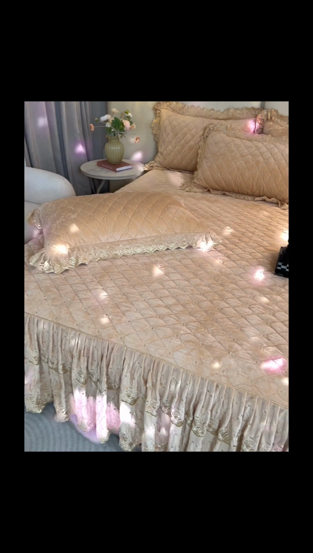 91家纺网 家纺一手货源 找家纺 罗艺轩 2024新款加厚宝宝绒夹棉床裙三件套-梦幻星辰 香槟金