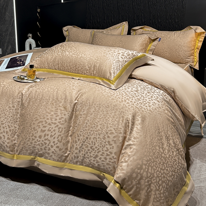 91家纺网 家纺一手货源 找家纺 雲归梦 2024新款轻奢双拼角全棉提花四件套 豹纹-香槟金