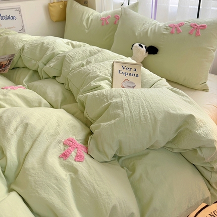 91家纺网 家纺一手货源 找家纺 （总）阿曼达 2024新款ins博主风爆款纯色波点蝴蝶结毛巾绣软糯糯水洗m四件套（专版花型）风格二