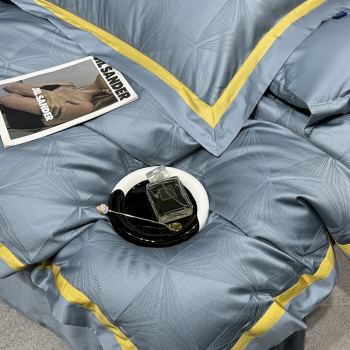 91家纺网 家纺一手货源 找家纺 雲归梦 2024新款轻奢双拼角全棉提花四件套 格拉斯-月光兰