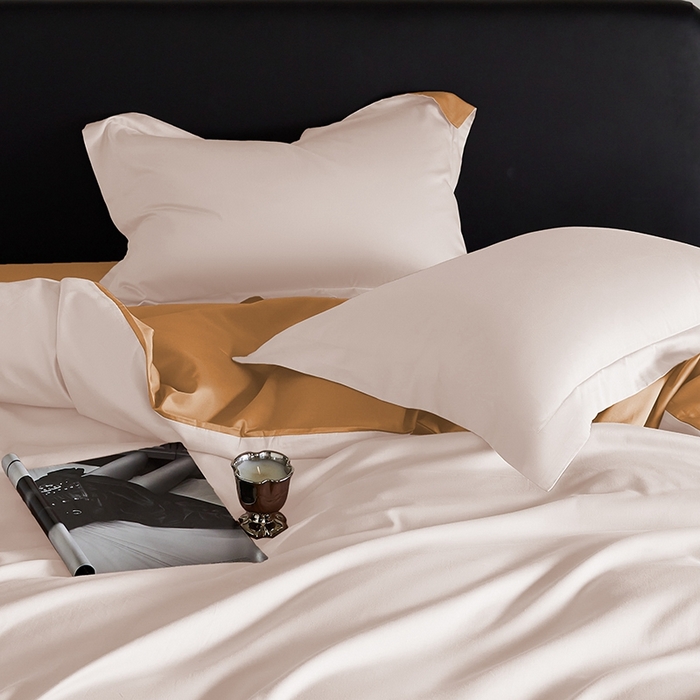 91家纺网 家纺一手货源 找家纺 秀色家纺 2025新款50支贡缎A类轻奢纯色长绒棉四件套全棉纯棉被套高级感床单三件套-雅克 雅克-皓月白+南瓜橘