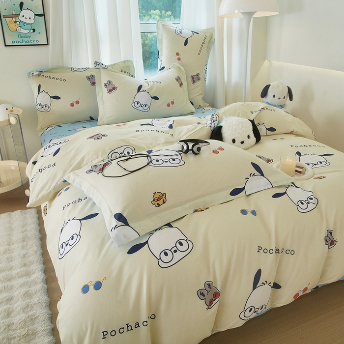 91家纺网 家纺一手货源 找家纺 蘭菲家纺 2024新款全棉小版卡通三丽鸥四件套 大眼睛狗.米