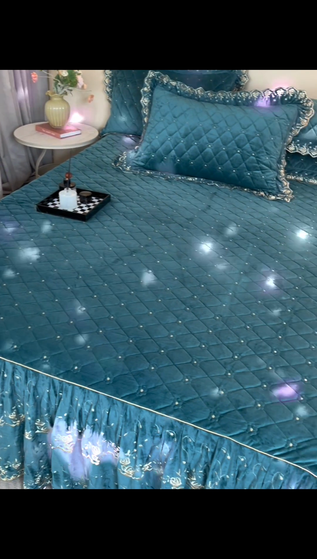 91家纺网 家纺一手货源 找家纺 罗艺轩 2024新款加厚宝宝绒夹棉床裙三件套-梦幻星辰 橄榄绿