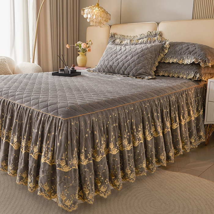 91家纺网 家纺一手货源 找家纺 罗艺轩 2024新款加厚宝宝绒夹棉床裙四件套-梦幻星辰 高级灰