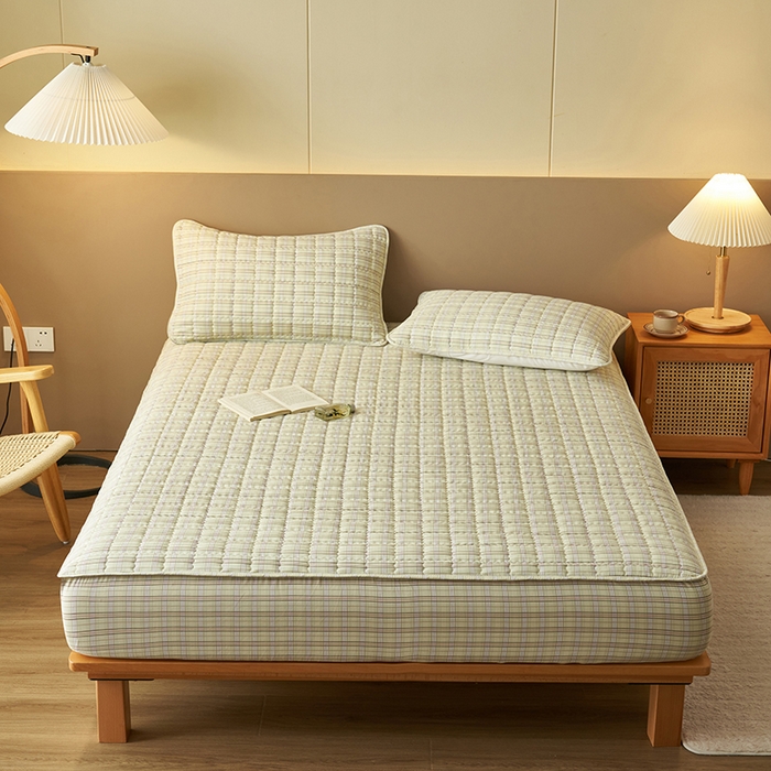 91家纺网 家纺一手货源 找家纺 小萌虎 2024新款无印风色织水洗棉夹棉床笠 绿小格