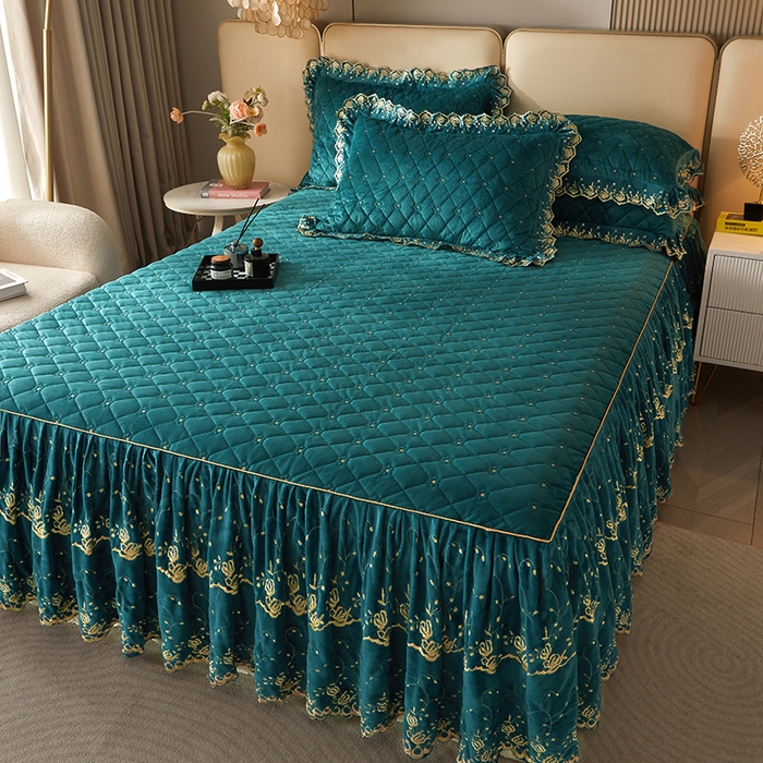 91家纺网 家纺一手货源 找家纺 罗艺轩 2024新款加厚宝宝绒夹棉床裙四件套-梦幻星辰 橄榄绿