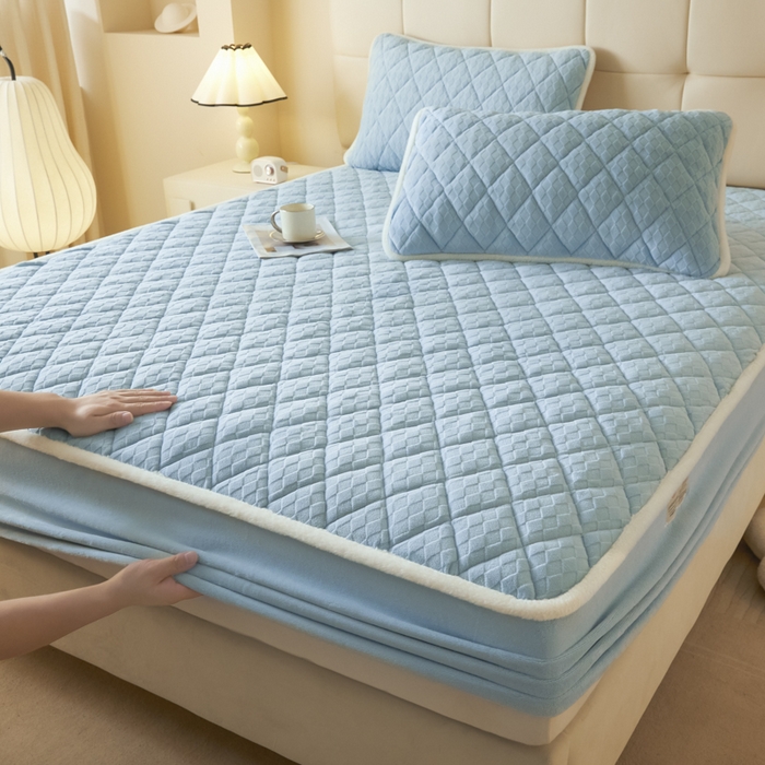 91家纺网 家纺一手货源 找家纺 鑫钰 2024秋冬新款加厚牛奶绒烂花夹棉床笠 菱形格-天蓝