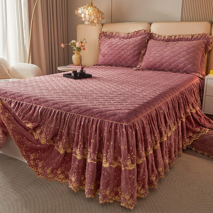 91家纺网 家纺一手货源 找家纺 罗艺轩 2024新款加厚宝宝绒夹棉床裙三件套-梦幻星辰 豆沙粉