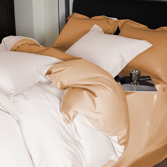 91家纺网 家纺一手货源 找家纺 秀色家纺 2025新款50支贡缎A类轻奢纯色长绒棉四件套全棉纯棉被套高级感床单三件套-雅克 雅克-皓月白+南瓜橘