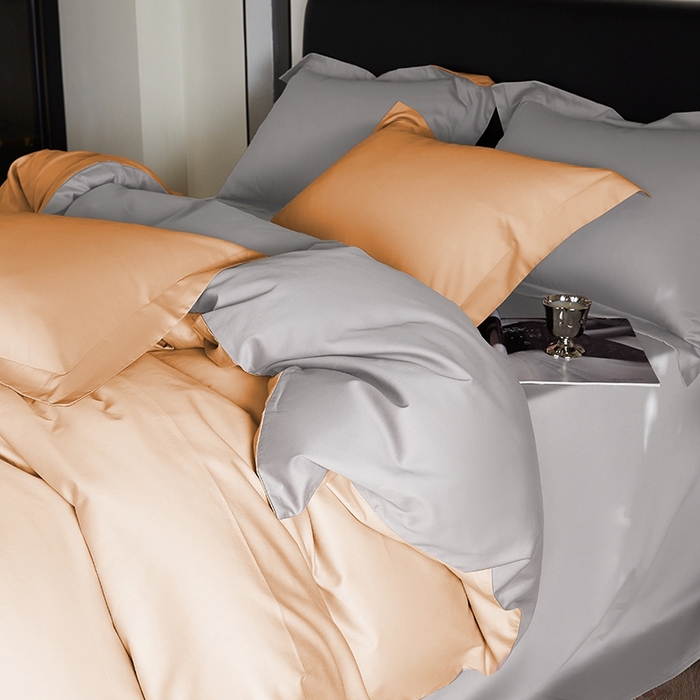 91家纺网 家纺一手货源 找家纺 秀色家纺 2025新款50支贡缎A类轻奢纯色长绒棉四件套全棉纯棉被套高级感床单三件套-雅克 雅克-南瓜橘+典雅灰