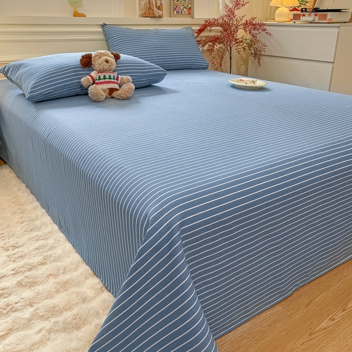 91家纺网 家纺一手货源 找家纺 义博家纺 2025新款全棉老粗布床单 蓝条纹