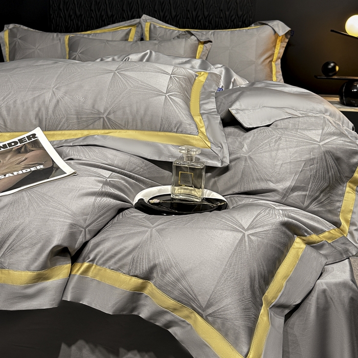 91家纺网 家纺一手货源 找家纺 雲归梦 2024新款轻奢双拼角全棉提花四件套 格拉斯-黎明灰