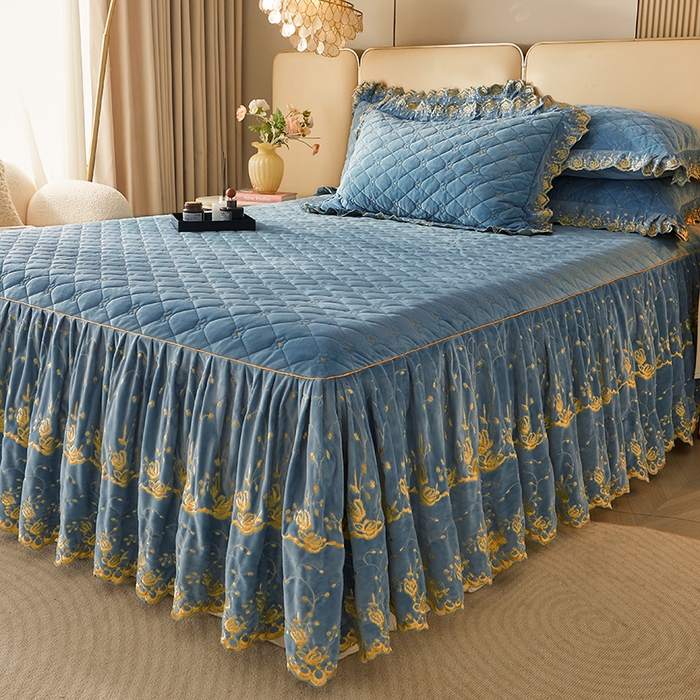 91家纺网 家纺一手货源 找家纺 罗艺轩 2024新款加厚宝宝绒夹棉床裙三件套-梦幻星辰 绅士蓝