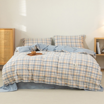 91家纺网 家纺一手货源 找家纺 （总）呦呦南宋 纽扣款四件套A类纯棉水洗棉色织无印风被套床单枕套纯色格子三件套母婴级全棉套件