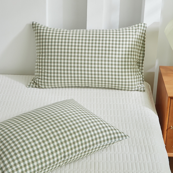 91家纺网 家纺一手货源 找家纺 呦呦南宋 纯棉简约款枕套 母婴级A类全棉色织水洗棉无印风单品一对装全棉枕头套 绿小格（简约款）