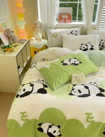 91家纺网 家纺一手货源 找家纺 金鑫汇家纺 2024新款棉加豆豆绒系列四件套 可爱熊猫