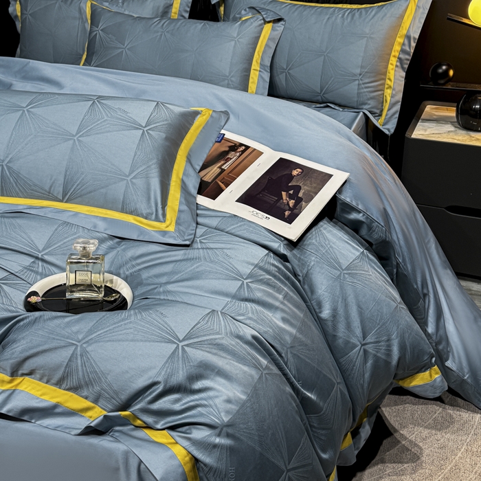 91家纺网 家纺一手货源 找家纺 雲归梦 2024新款轻奢双拼角全棉提花四件套 格拉斯-月光兰