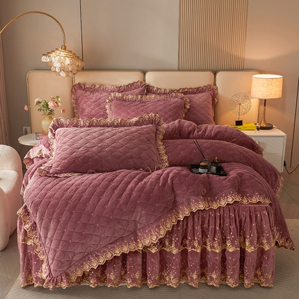 罗艺轩 2024新款加厚宝宝绒夹棉床裙四件套-梦幻星辰 豆沙粉