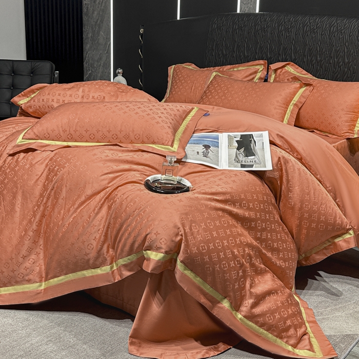 91家纺网 家纺一手货源 找家纺 雲归梦 2024新款轻奢双拼角全棉提花四件套 遇见经典-活力橙