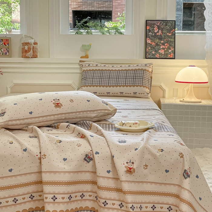 91家纺网 家纺一手货源 找家纺 义博家纺 2025新款全棉老粗布床单 幻想小熊