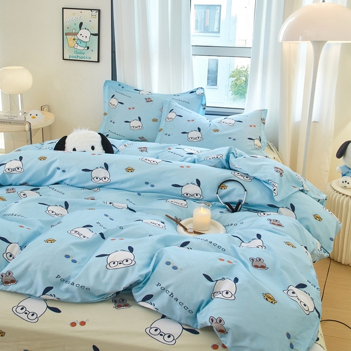 91家纺网 家纺一手货源 找家纺 蘭菲家纺 2024新款全棉小版卡通三丽鸥四件套 眼睛狗.蓝