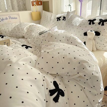 91家纺网 家纺一手货源 找家纺 （总）阿曼达 2024新款ins博主风爆款纯色波点蝴蝶结毛巾绣软糯糯水洗m四件套（专版花型）风格二