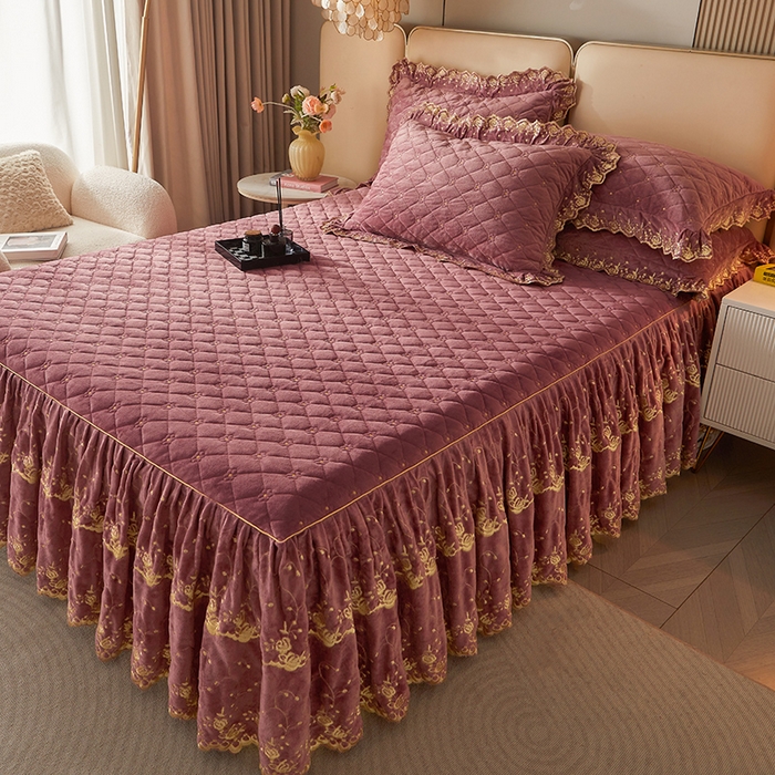 91家纺网 家纺一手货源 找家纺 罗艺轩 2024新款加厚宝宝绒夹棉床裙三件套-梦幻星辰 豆沙粉