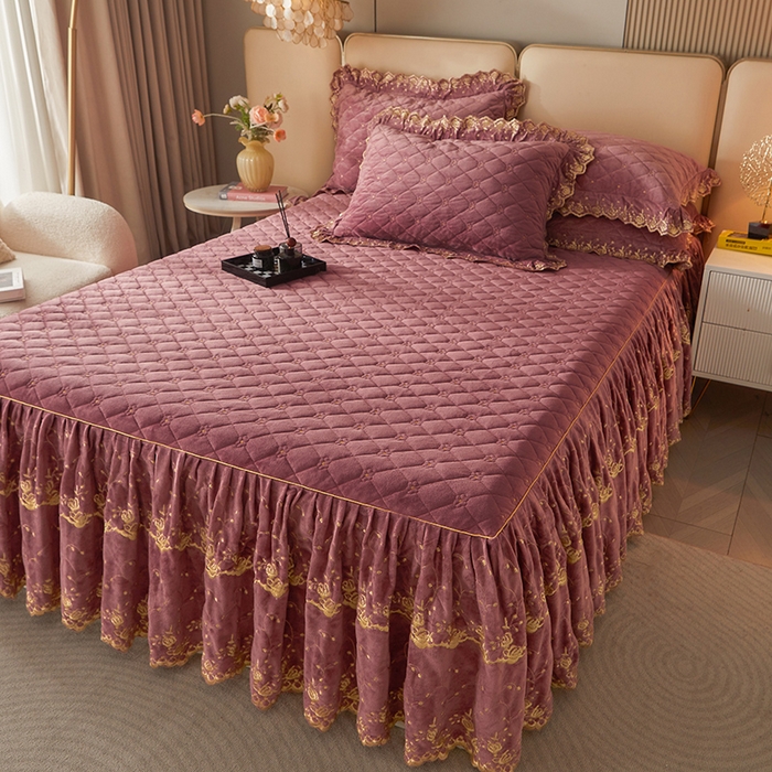 91家纺网 家纺一手货源 找家纺 罗艺轩 2024新款加厚宝宝绒夹棉床裙三件套-梦幻星辰 豆沙粉