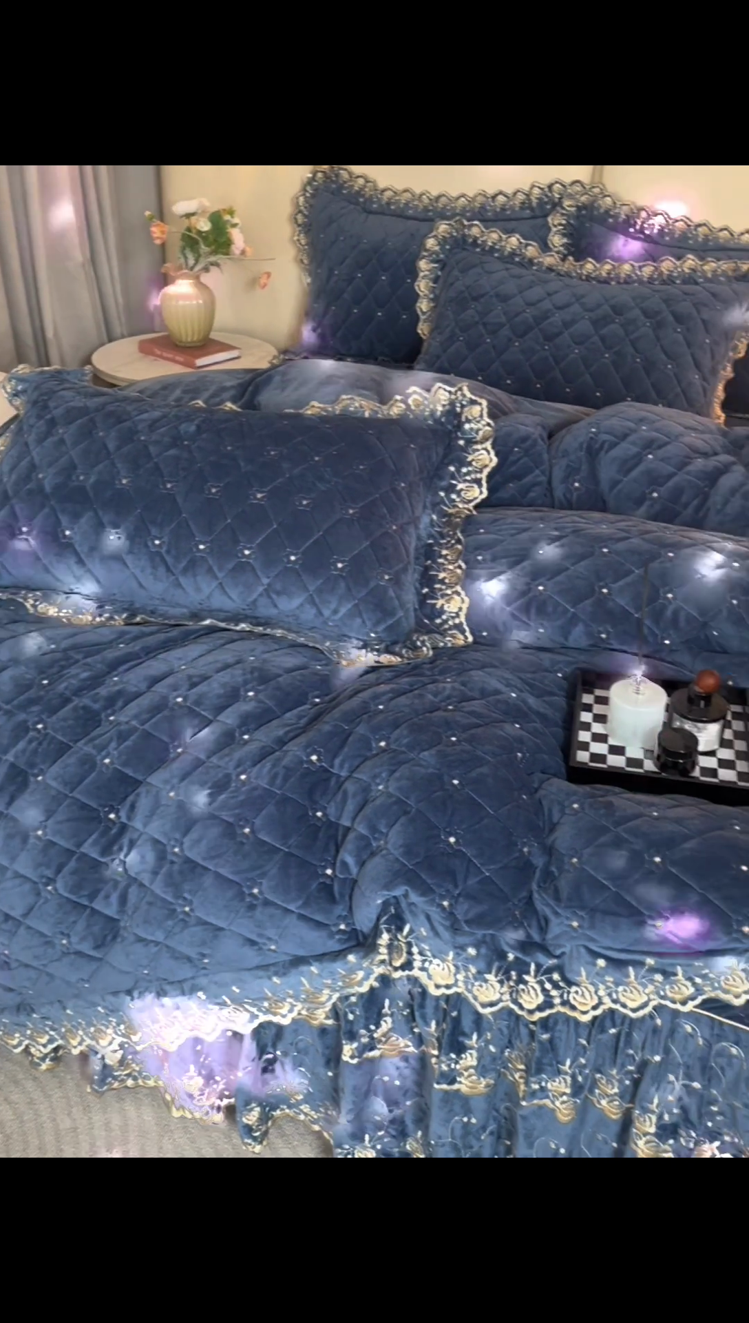 91家纺网 家纺一手货源 找家纺 罗艺轩 2024新款加厚宝宝绒夹棉床裙四件套-梦幻星辰 绅士蓝