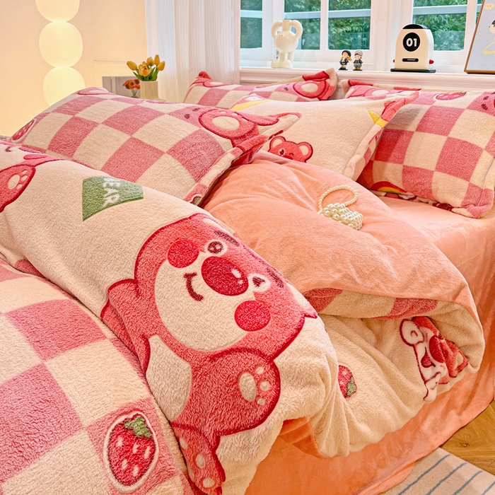 91家纺网 家纺一手货源 找家纺 韩巢家纺 2024新款加厚雪花绒牛奶绒珊瑚绒四件套-新品（提供卖家秀） 欢乐小熊