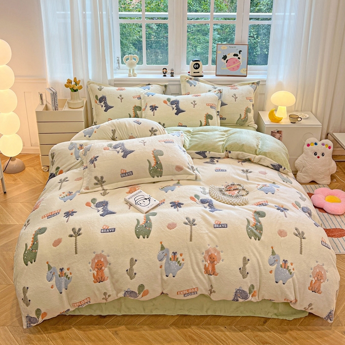 91家纺网 家纺一手货源 找家纺 韩巢家纺 2024新款加厚雪花绒牛奶绒珊瑚绒单件被套-新品（提供卖家秀 ） 恐龙宝贝（绿）