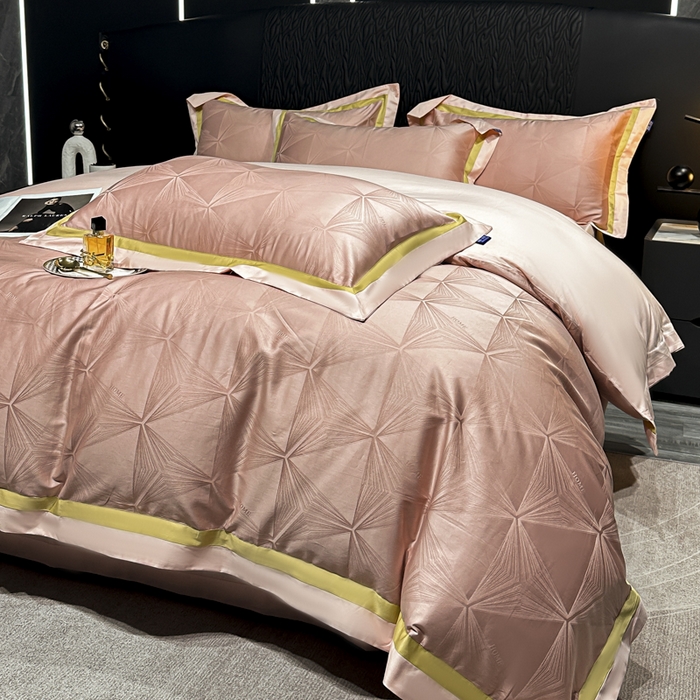 91家纺网 家纺一手货源 找家纺 雲归梦 2024新款轻奢双拼角全棉提花四件套 格拉斯-粉玉