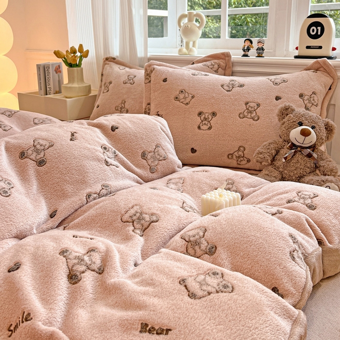 91家纺网 家纺一手货源 找家纺 韩巢家纺 2024新款加厚雪花绒牛奶绒珊瑚绒单件被套-新品（提供卖家秀 ） 咖色熊
