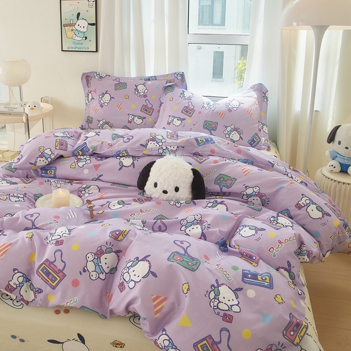 91家纺网 家纺一手货源 找家纺 蘭菲家纺 2024新款全棉小版卡通三丽鸥四件套 演唱会.紫