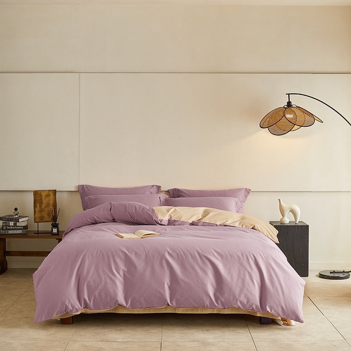 91家纺网 家纺一手货源 找家纺 秀色家纺 2025新款秋冬加厚保暖床上纯色四件套纯棉磨毛全棉床单被套三件套50支-瑞妮 瑞妮-轻紫+奶油