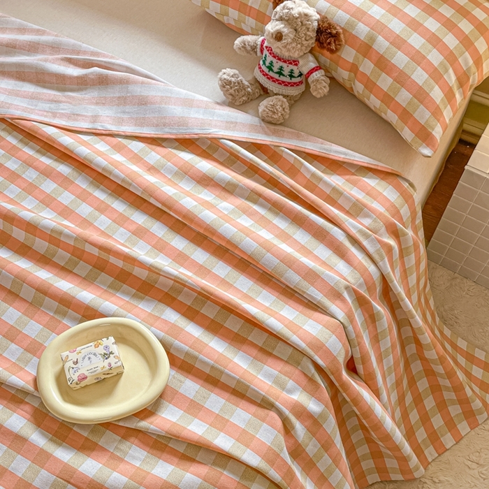 91家纺网 家纺一手货源 找家纺 义博家纺 2025新款全棉老粗布床单 粉咖大格