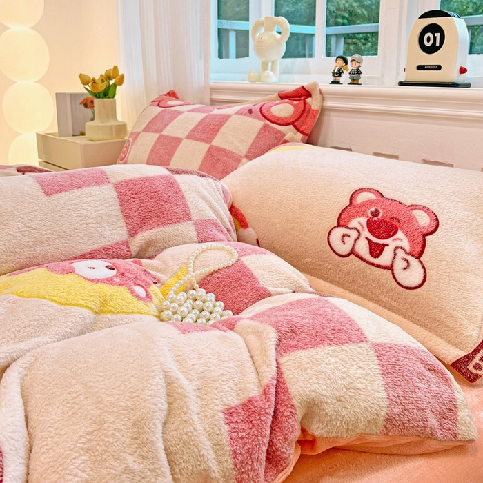 91家纺网 家纺一手货源 找家纺 韩巢家纺 2024新款加厚雪花绒牛奶绒珊瑚绒四件套-新品（提供卖家秀） 欢乐小熊