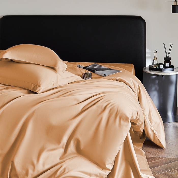 91家纺网 家纺一手货源 找家纺 秀色家纺 2025新款50支贡缎A类轻奢纯色长绒棉四件套全棉纯棉被套高级感床单三件套-雅克 雅克-南瓜橘