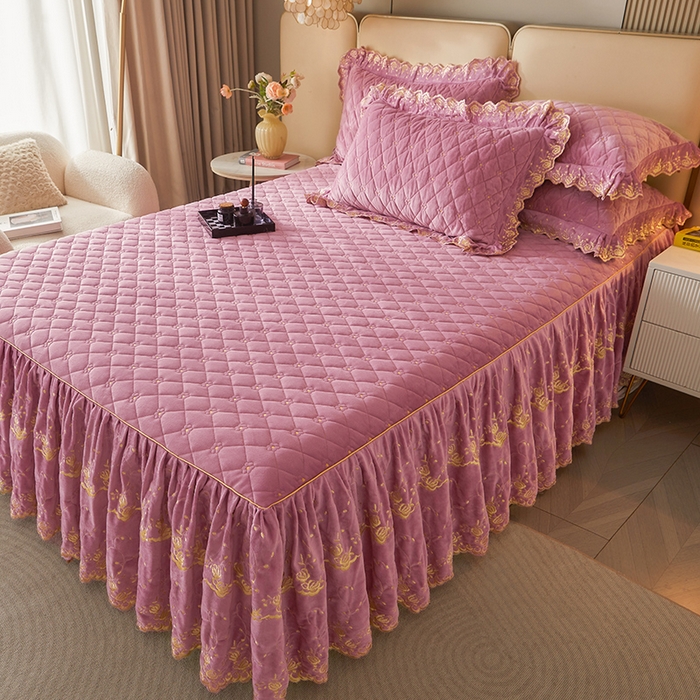 91家纺网 家纺一手货源 找家纺 罗艺轩 2024新款加厚宝宝绒夹棉床裙四件套-梦幻星辰 丁香紫