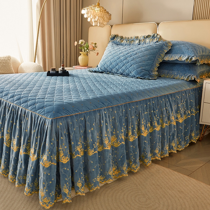 91家纺网 家纺一手货源 找家纺 罗艺轩 2024新款加厚宝宝绒夹棉床裙三件套-梦幻星辰 绅士蓝