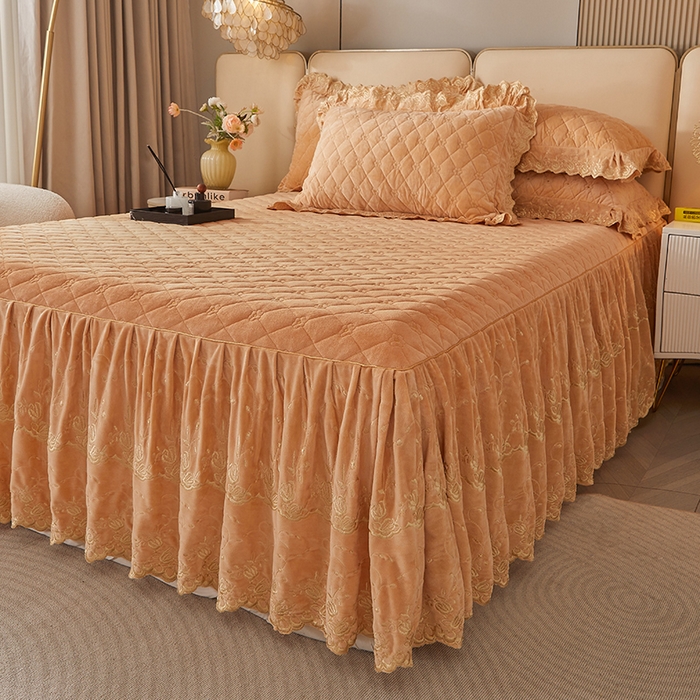 91家纺网 家纺一手货源 找家纺 罗艺轩 2024新款加厚宝宝绒夹棉床裙四件套-梦幻星辰 香槟金