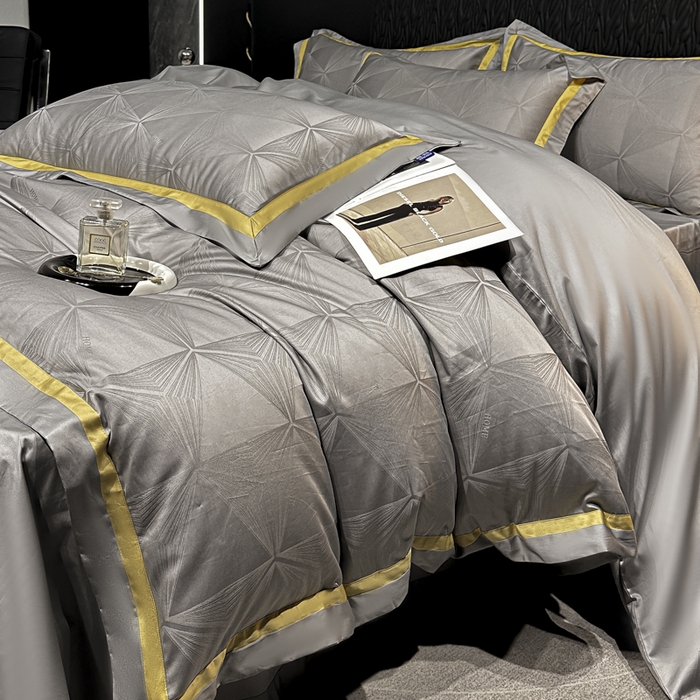 91家纺网 家纺一手货源 找家纺 雲归梦 2024新款轻奢双拼角全棉提花四件套 格拉斯-黎明灰