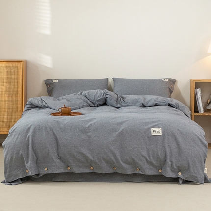 91家纺网 家纺一手货源 找家纺 （总）呦呦南宋 纽扣款四件套A类纯棉水洗棉色织无印风被套床单枕套纯色格子三件套母婴级全棉套件