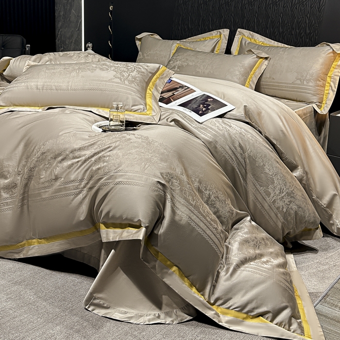 91家纺网 家纺一手货源 找家纺 雲归梦 2024新款轻奢双拼角全棉提花四件套 卡格洛-卡其