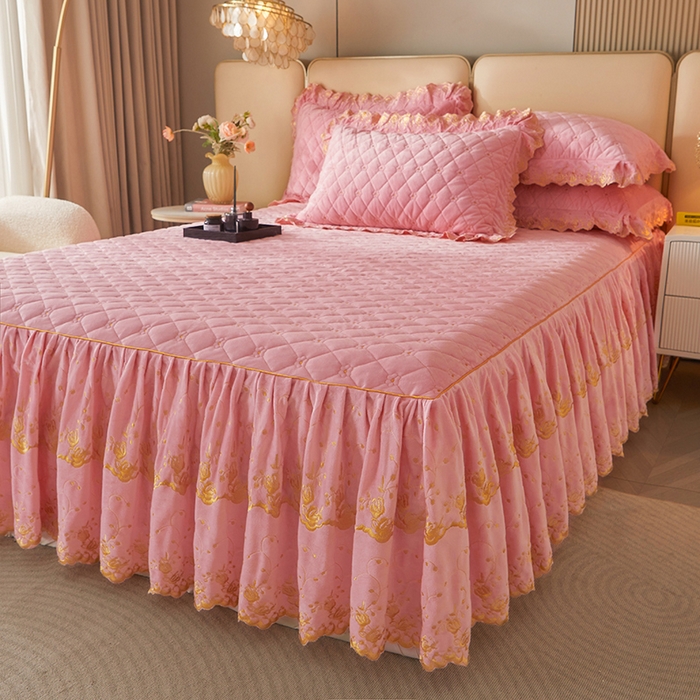 91家纺网 家纺一手货源 找家纺 罗艺轩 2024新款加厚宝宝绒夹棉床裙三件套-梦幻星辰 樱花粉