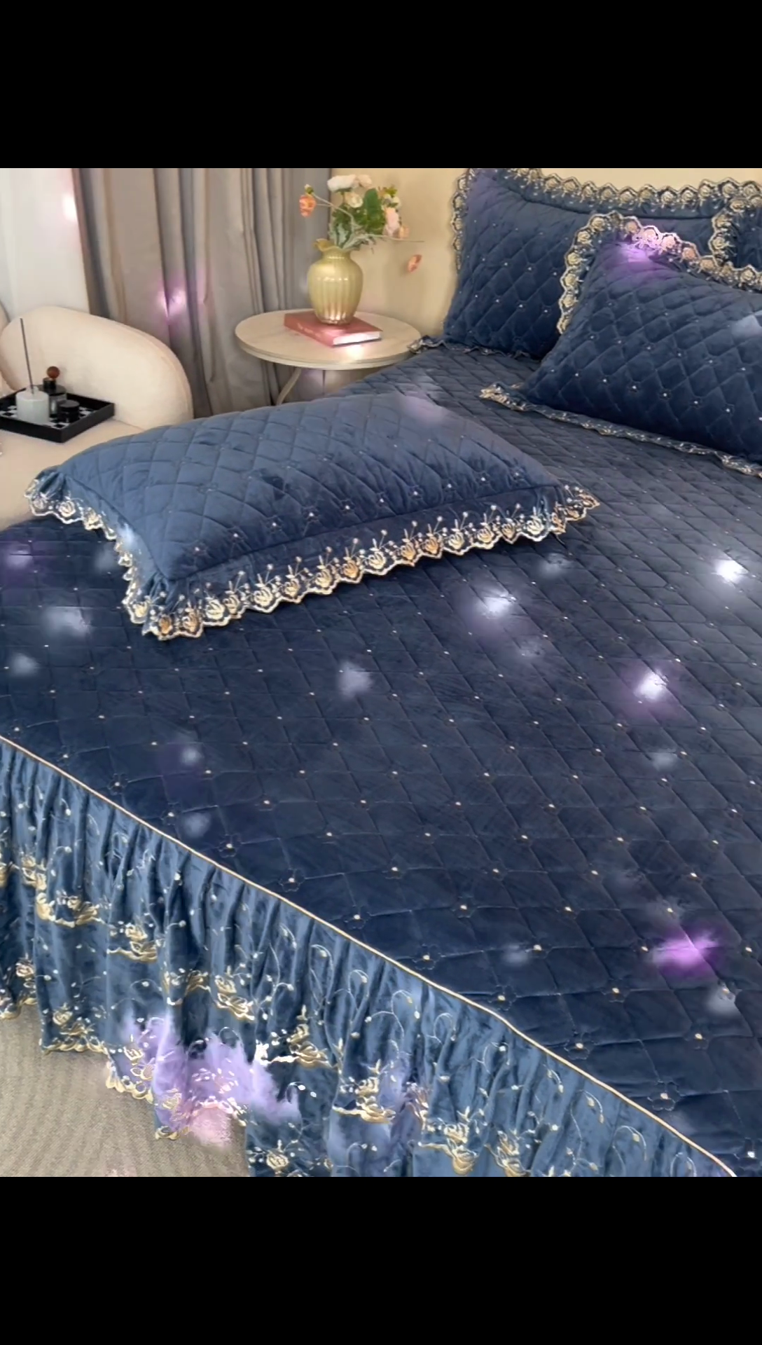 91家纺网 家纺一手货源 找家纺 罗艺轩 2024新款加厚宝宝绒夹棉床裙三件套-梦幻星辰 宝石蓝