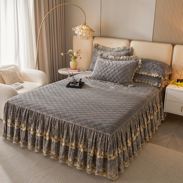 91家纺网 家纺一手货源 找家纺 罗艺轩 2024新款加厚宝宝绒夹棉床裙四件套-梦幻星辰 高级灰